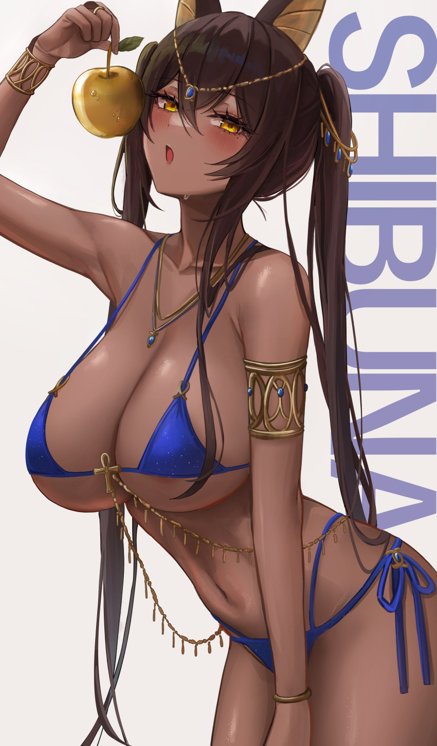 1girl absurdres animal_ears ankh apple areola_slip arm_up armlet armpit_crease bangs bare_arms bare_shoulders bikini biya_(1024) blue_bikini blue_gemstone blush bracer breasts brown_hair chain character_name circlet cleavage commentary cowboy_shot dark-skinned_female dark_skin food fruit gem gold_chain golden_apple hair_between_eyes highres holding holding_food holding_fruit jackal_ears jewelry large_breasts leaf leaning_forward long_hair looking_at_viewer multi-strapped_bikini multiple_necklaces navel necklace open_mouth original pendant sibuna_(biya_(1024)) side-tie_bikini_bottom sidelocks simple_background solo stomach strap_gap string_bikini sweat swimsuit thighs twintails underboob very_long_hair white_background yellow_eyes