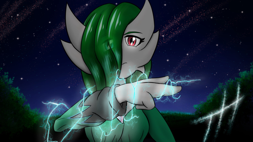 2022 3_fingers clothing electricity electricity_manipulation elemental_manipulation eye_through_hair female fingers gardevoir generation_3_pokemon ghostth39 green_hair hair hair_over_eye heterochromia hi_res humanoid looking_at_viewer medium_hair night nintendo not_furry one_eye_obstructed pokemon pokemon_(species) red_eyes ruby_(ghostth39) signature simple_background sky solo star starry_sky thunder_bolt translucent translucent_hair
