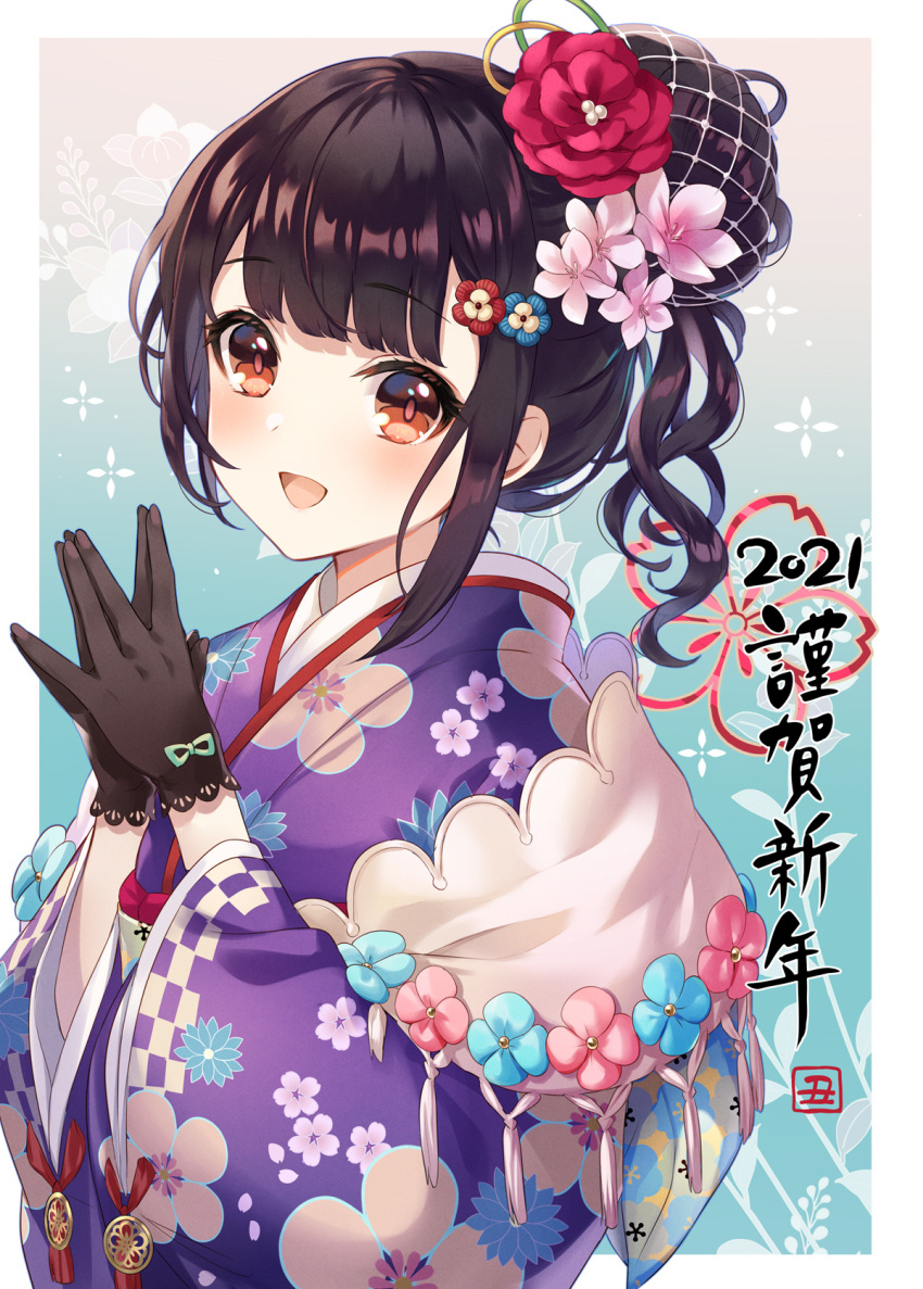 1girl 2021 bangs black_gloves black_hair brown_hair chinese_zodiac commentary english_commentary floral_print flower furisode gloves hair_bun hair_flower hair_ornament happy_new_year highres iku2727 japanese_clothes kimono long_sleeves looking_at_viewer new_year open_mouth original own_hands_together pink_kimono print_kimono shawl short_hair smile solo translated upper_body wide_sleeves year_of_the_ox