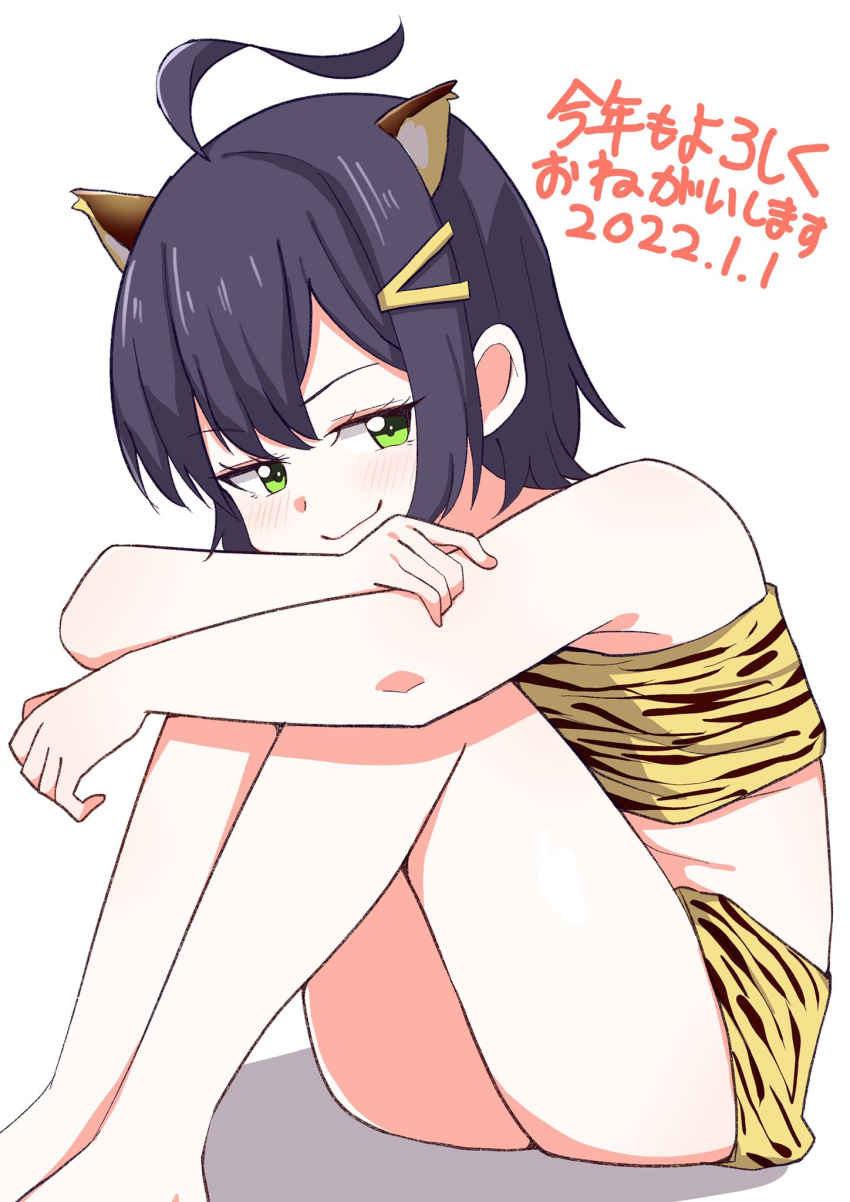 1girl ahoge animal_ears animal_print ao_(flowerclasse) aoi_(flowerclasse) bangs barefoot black_hair blush bob_cut closed_mouth commentary cropped_shirt crossed_arms dated green_eyes hair_ornament hairclip half-closed_eyes highres kotoyoro leg_hair looking_at_viewer miniskirt new_year original print_shirt print_skirt shadow shirt short_hair simple_background sitting skirt smile solo tiger_ears tiger_print translated white_background yellow_shirt yellow_skirt