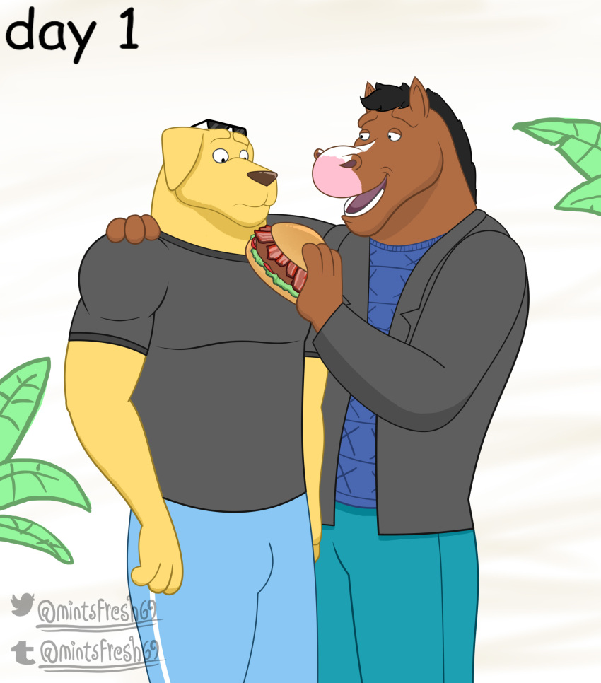 anthro bird_dog bojack_horseman bojack_horseman_(character) bulge burger canid canine canis clothed clothing domestic_dog duo equid equine eyewear eyewear_on_head food fur golden_retriever hi_res horse hunting_dog male male/male mammal mintsfresh69 mr._peanutbutter netflix retriever sunglasses sunglasses_on_head tempting