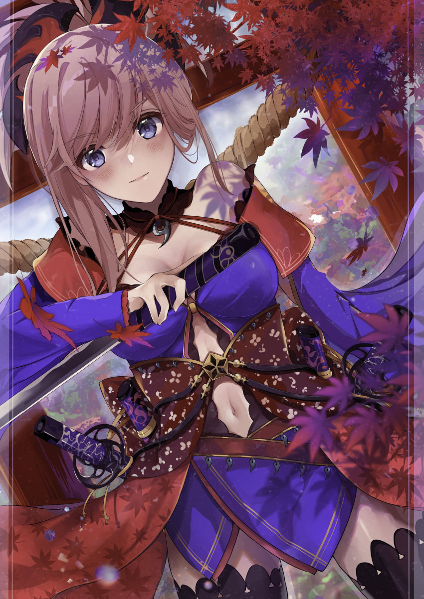 1girl absurdres autumn_leaves bare_shoulders black_thighhighs blue_eyes blue_kimono blush breasts cleavage clothing_cutout detached_sleeves fate/grand_order fate_(series) highres holding holding_sword holding_weapon japanese_clothes katana kimono leaf long_sleeves miyamoto_musashi_(fate) miyamoto_musashi_(third_ascension)_(fate) navel navel_cutout pink_hair ponytail solo sword thighhighs weapon wide_sleeves xx_white_xx