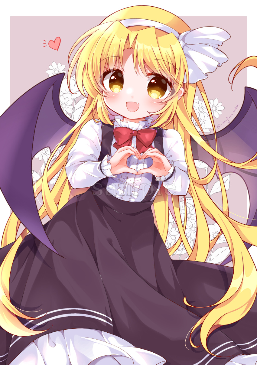 1girl absurdres bangs bat_wings black_skirt blonde_hair blush border bow bowtie buttons commentary_request fang fingernails floral_background flower frills hair_between_eyes hairband hands_up heart heart_hands highres kurumi_(touhou) leaf long_fingernails long_hair long_sleeves looking_at_viewer open_mouth outside_border parted_bangs puffy_long_sleeves puffy_sleeves purple_background red_bow red_bowtie ribbon sample_watermark shirt skirt smile solo standing suspender_skirt suspenders tongue touhou touhou_(pc-98) white_border white_flower white_hairband white_ribbon white_shirt wings yellow_eyes yurufuwa_milk