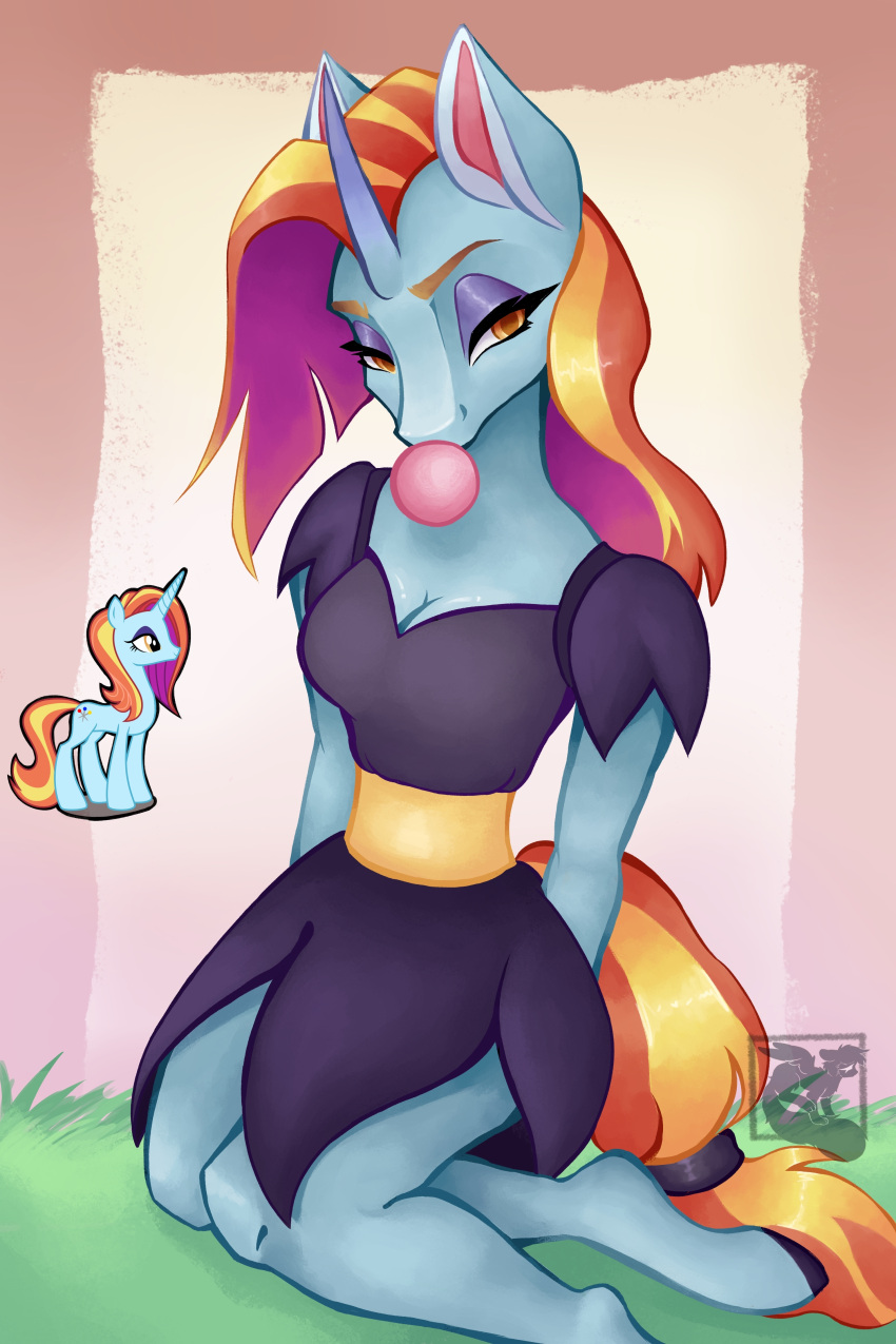 absurd_res anthro anthrofied blowing_bubble blue_body breasts bubble_gum cleavage clothed clothing digital_drawing_(artwork) digital_media_(artwork) dress equid equine eyebrows eyelashes eyeshadow female friendship_is_magic hair hasbro hi_res horn makeup mammal mishi_ovo multicolored_hair my_little_pony on_grass orange_eyes orange_hair orange_tail portrait purple_eyeshadow sassy_saddles_(mlp) solo tail unguligrade_anthro unicorn