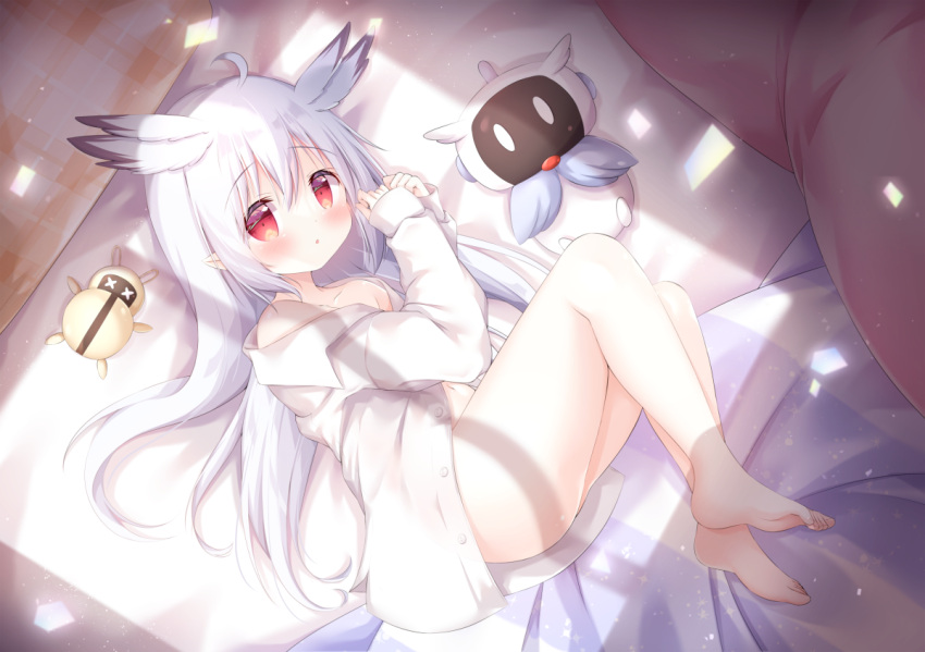 1girl :o ahoge ass bangs barefoot blush bottomless collared_shirt commentary_request dress_shirt full_body grey_hair hair_between_eyes hands_up head_wings hoshimura_himawari indie_virtual_youtuber long_sleeves lying navel off_shoulder on_bed on_side open_clothes open_shirt parted_lips plaid pointy_ears red_eyes renew_vivi shirt sleeves_past_wrists solo virtual_youtuber white_shirt