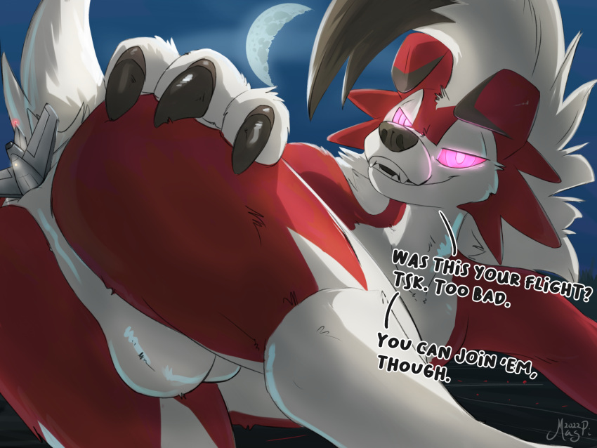 2023 4:3 anal balls dialogue digital_media_(artwork) english_text fur generation_7_pokemon genitals glowing glowing_eyes hi_res looking_at_viewer lycanroc macro magpi male midnight_lycanroc nintendo outside pokemon pokemon_(species) solo text