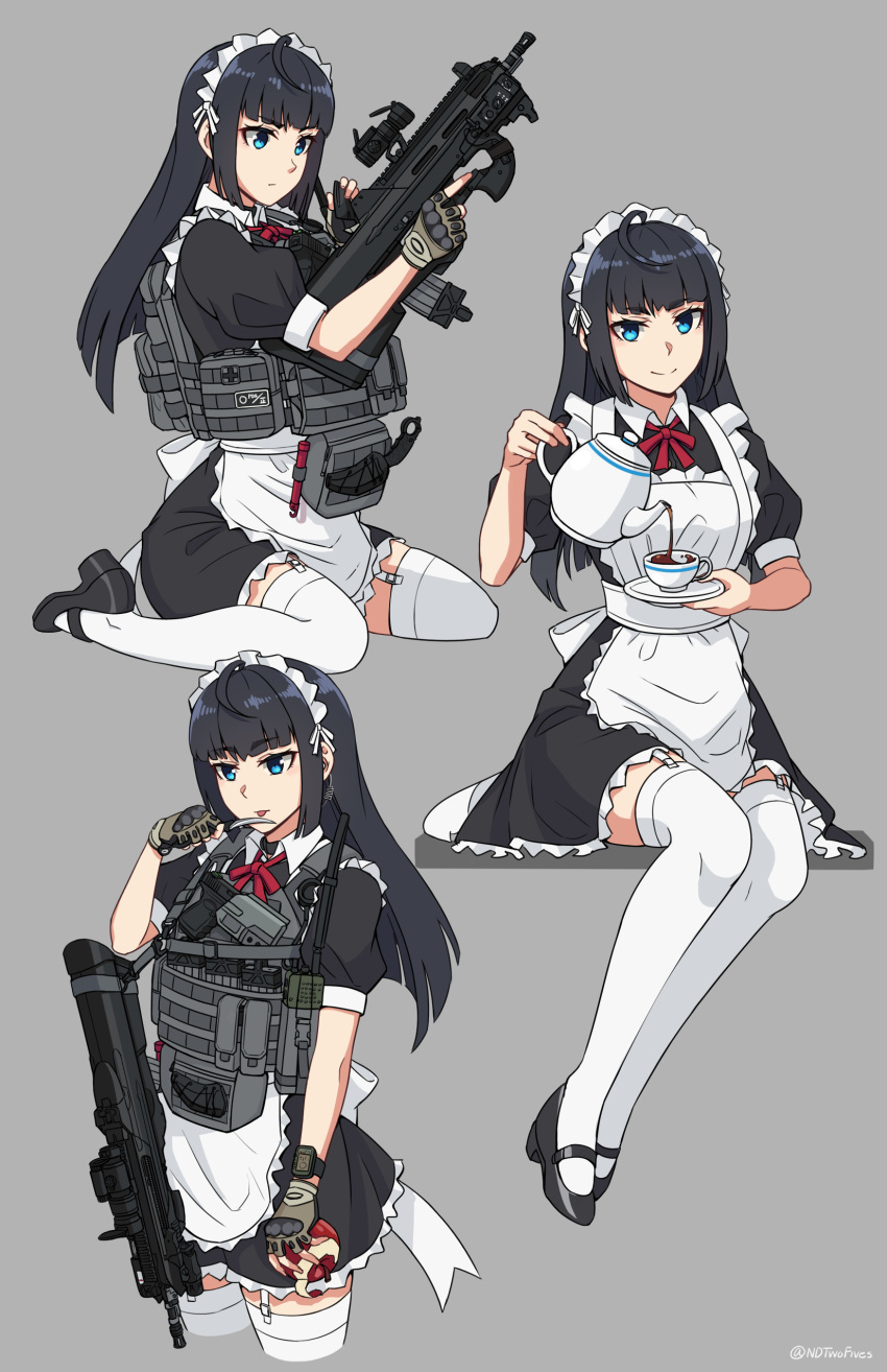 1girl absurdres apple apron assault_rifle bangs black_dress black_footwear black_hair blue_eyes bow brown_gloves bullpup closed_mouth cropped_legs cup dress fn_f2000 food frilled_apron frilled_dress frills fruit garter_straps gloves grey_background gun highres holding holding_food holding_fruit holding_knife holding_saucer holding_teapot knife licking maid maid_headdress multiple_views ndtwofives original pouring puffy_short_sleeves puffy_sleeves red_apple red_bow rifle saucer shoes short_sleeves simple_background sitting smile teacup teapot thighhighs twitter_username wariza weapon white_apron white_thighhighs
