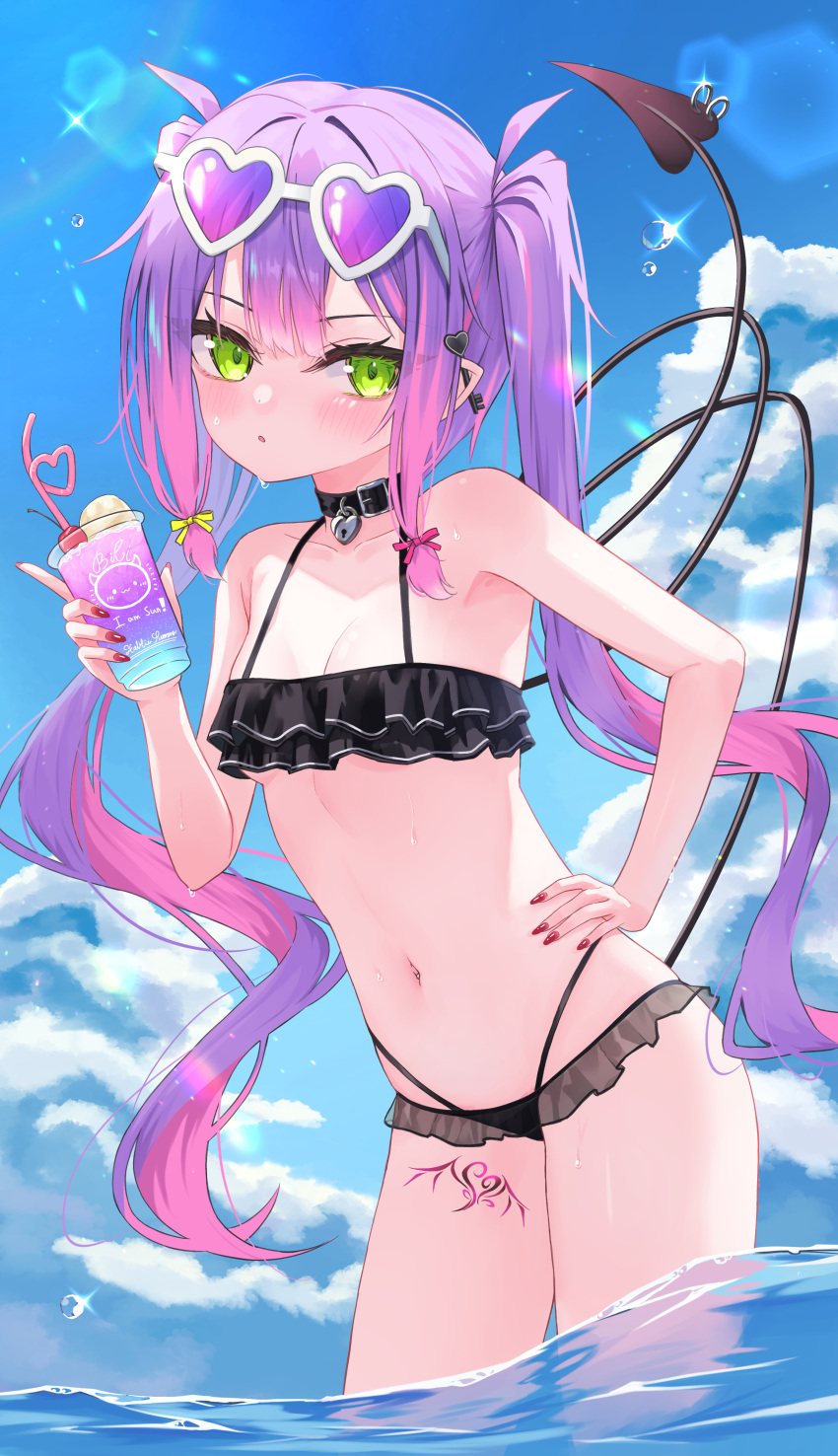 1girl 333shishishi333 absurdres bibi_(tokoyami_towa) bikini black_bikini black_choker blue_sky blush breasts choker cloud colored_inner_hair cup day demon_girl demon_tail ear_piercing eyewear_on_head floating_hair frilled_bikini frills glint green_eyes halterneck hand_on_hip heart heart-shaped_eyewear highres holding holding_cup hololive leg_tattoo long_hair multicolored_hair navel navel_piercing parted_lips piercing pink_hair pointy_ears purple_hair red_nails sidelocks sky small_breasts solo stomach streaked_hair summer swimsuit tail tail_ornament tail_piercing tattoo tokoyami_towa twintails virtual_youtuber wading water