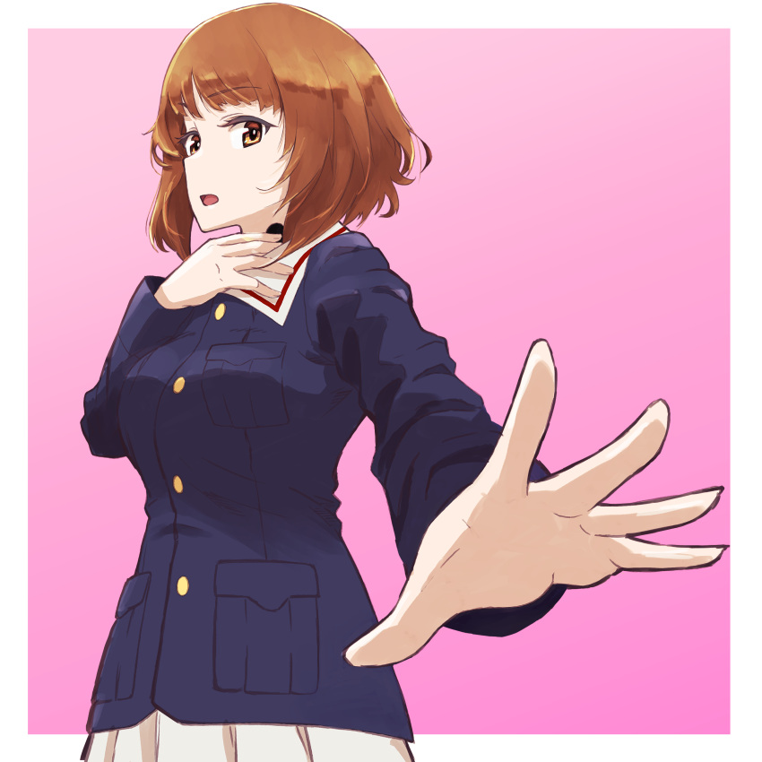 1girl absurdres bangs brown_eyes brown_hair commentary foreshortening girls_und_panzer green_shirt hand_on_own_throat highres jacket long_sleeves looking_at_viewer military military_uniform nishizumi_miho ooarai_military_uniform open_mouth oritako pink_background pleated_skirt reaching_towards_viewer shirt short_hair simple_background skirt solo standing throat_microphone uniform white_skirt