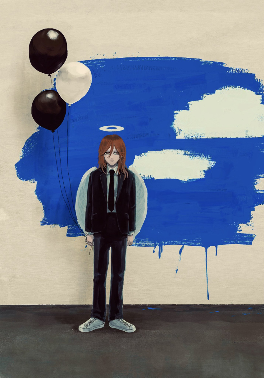 1boy angel_devil_(chainsaw_man) angel_wings balloon bangs black_jacket black_necktie black_pants brown_eyes brown_hair chainsaw_man collared_shirt formal hair_between_eyes halo highres holding holding_balloon ht_no9 jacket long_hair looking_at_viewer necktie paint pants shirt shirt_tucked_in solo standing suit suit_jacket white_footwear white_shirt white_wings wings