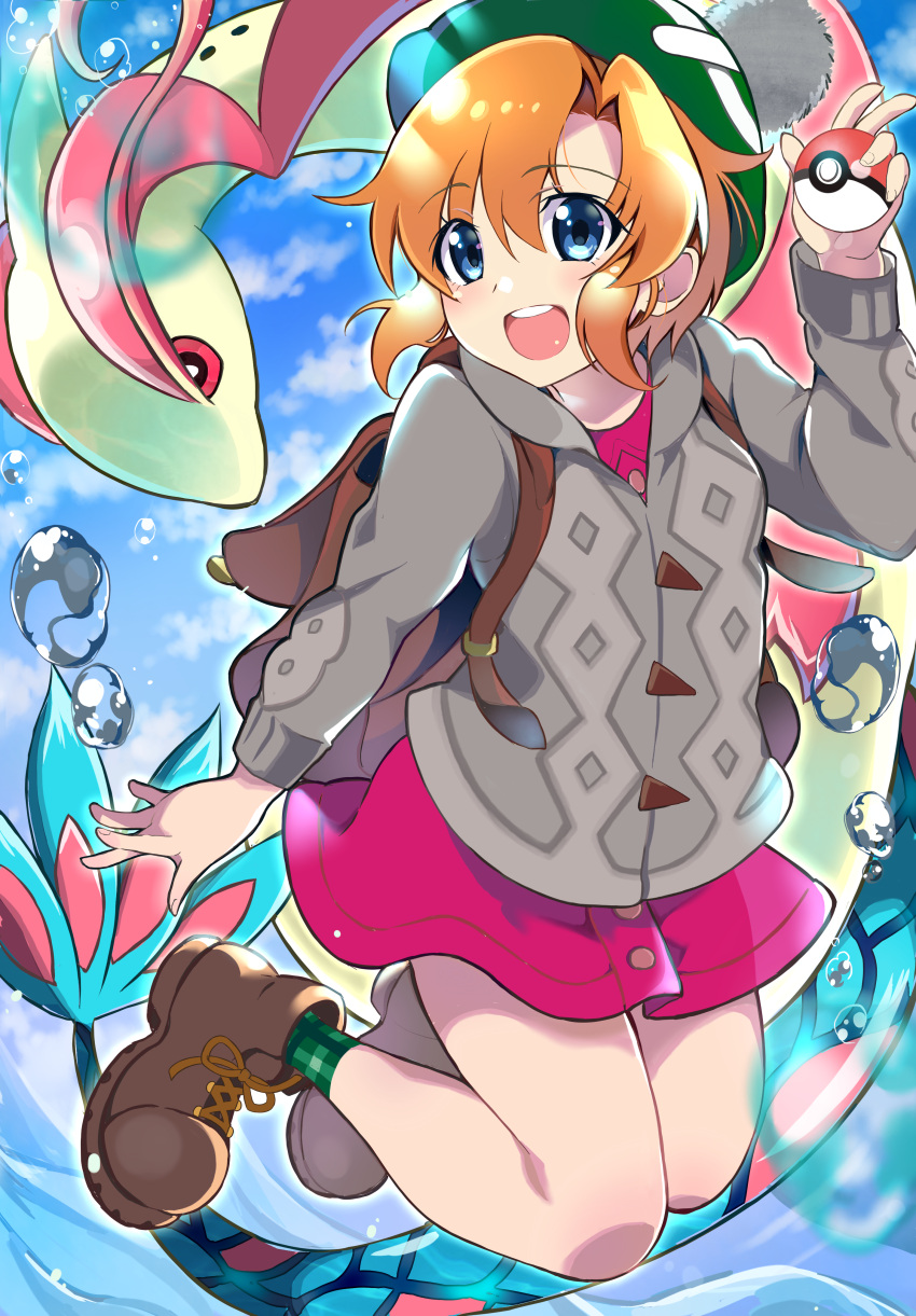 1girl :d absurdres air_bubble backpack bag bangs blue_eyes blue_sky boots brown_bag brown_footwear bubble cable_knit cardigan cloud collared_dress commentary_request commission cosplay crossover day dress full_body gloria_(pokemon) gloria_(pokemon)_(cosplay) green_headwear green_socks grey_cardigan hair_between_eyes hand_up hat highres higurashi_no_naku_koro_ni holding holding_poke_ball hooded_cardigan long_sleeves looking_at_another looking_to_the_side mashimaro_tabetai milotic open_mouth orange_hair outdoors pink_dress pink_eyes pixiv_commission plaid_socks poke_ball poke_ball_(basic) pokemon pokemon_(creature) pokemon_(game) pokemon_swsh ryuuguu_rena sky smile socks tam_o'_shanter teeth upper_teeth_only water