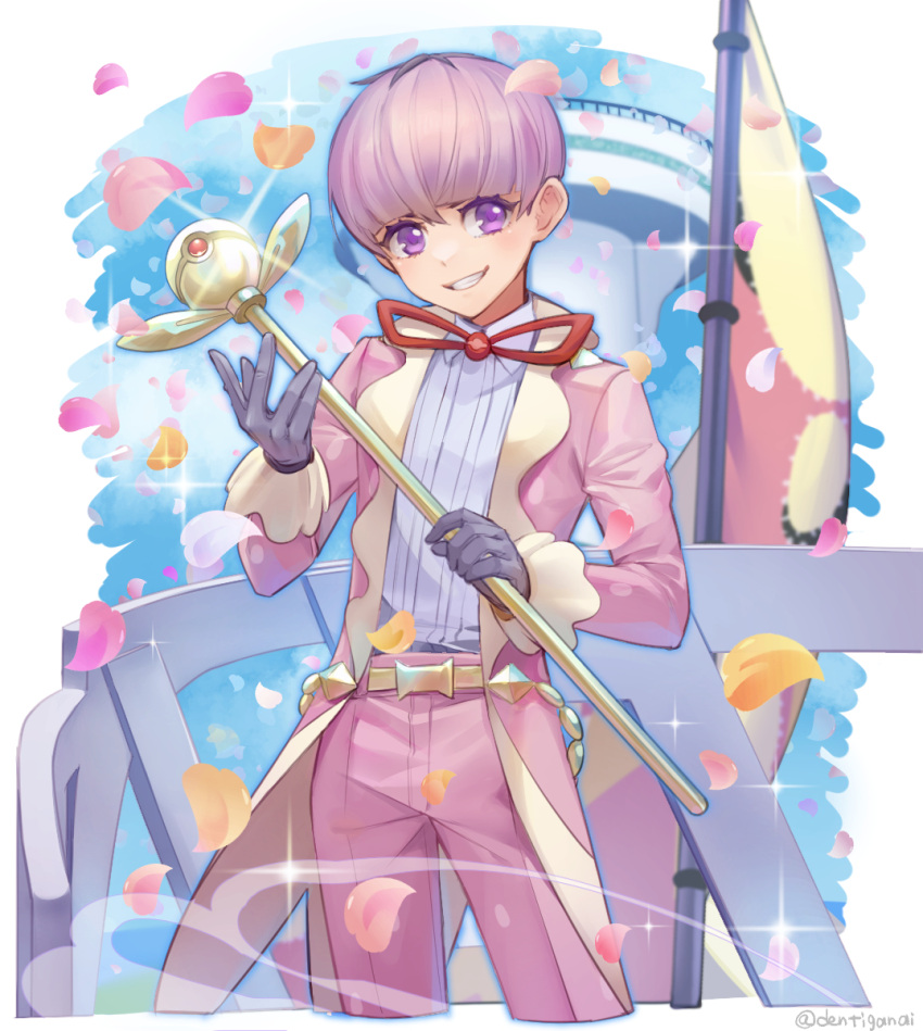 bangs bowl_cut dentiganai formal gloves grey_gloves grin highres holding holding_scepter jacket neck_ribbon ortega_(pokemon) pants petals pink_hair pink_jacket pink_pants pokemon pokemon_(game) pokemon_sv purple_eyes ribbon scepter short_hair smile solo sparkle team_star