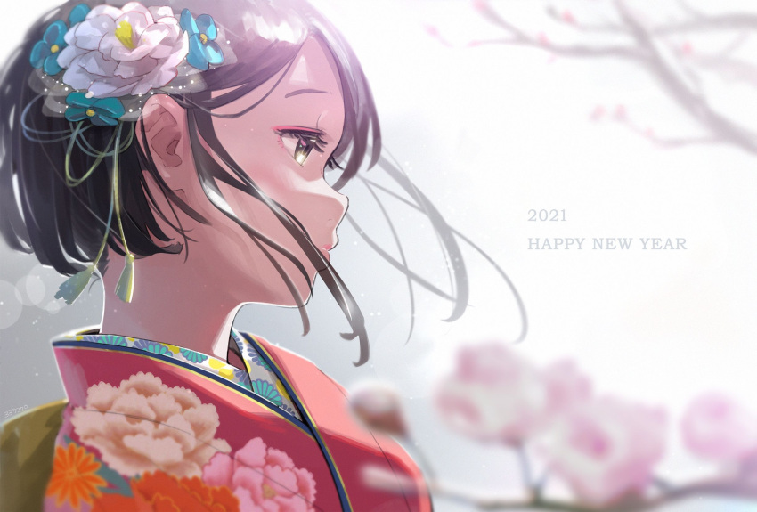 1girl 2021 bangs black_hair blurry blurry_background blurry_foreground brown_eyes cherry_blossoms closed_mouth commentary day depth_of_field english_text floral_print flower from_side hair_flower hair_ornament happy_new_year highres japanese_clothes kimono minawa nengajou new_year original pink_kimono portrait print_kimono profile short_hair solo sunlight wind