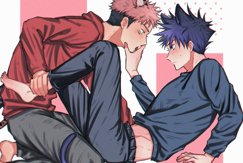 2boys animal_ears ankle_grab black_hair blush cat_boy cat_ears clothes_lift commentary_request facial_mark feet fushiguro_megumi fushirun_rung highres hood hood_down hoodie itadori_yuuji jujutsu_kaisen licking licking_another's_hand licking_hand long_sleeves looking_at_another male_focus multiple_boys pants pink_hair red_hoodie shirt_lift short_hair spiked_hair tail tiger_boy tiger_ears tiger_tail toes tongue tongue_out undercut yaoi