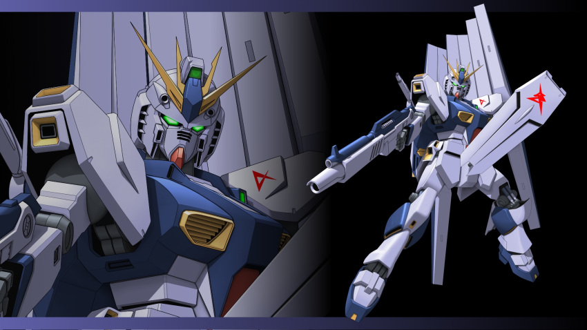 0-sum aiming beam_rifle char's_counterattack energy_gun fin_funnels glowing green_eyes gun gundam highres holding holding_gun holding_shield holding_weapon insignia letterboxed looking_at_viewer mecha mobile_suit nu_gundam robot science_fiction shield solo v-fin weapon zoom_layer