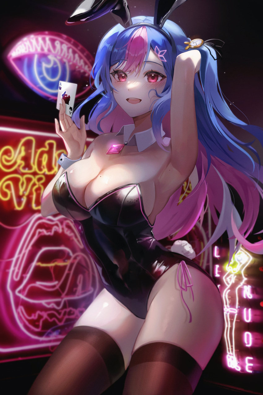 1girl :d absurdres animal_ears arm_behind_head arm_up armpits bare_shoulders bing_hayu black_hairband black_leotard blue_hair breasts brooch brown_leotard card cleavage cowboy_shot detached_collar fake_animal_ears fake_tail hair_ornament hairband hand_up highleg highleg_leotard highres holding indie_virtual_youtuber jaduade jewelry large_breasts leotard long_hair looking_at_viewer mole mole_on_armpit mole_on_breast multicolored_hair neon_lights one_side_up open_mouth pink_eyes pink_hair playboy_bunny playing_card rabbit_ears rabbit_tail smile solo standing strapless strapless_leotard tail thighs two-tone_hair virtual_youtuber wrist_cuffs
