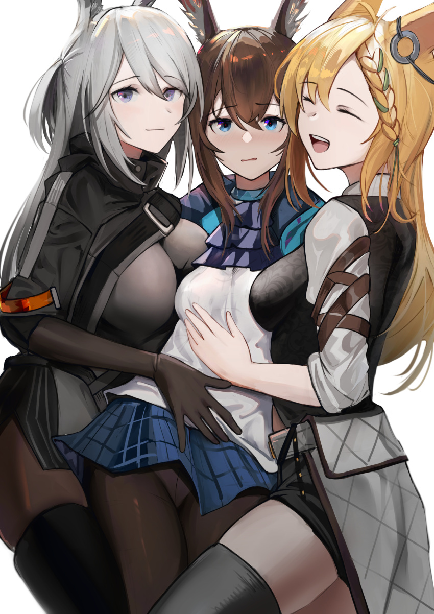 3girls :d amiya_(arknights) animal_ears arknights ascot black_gloves black_pantyhose black_shirt black_thighhighs blonde_hair blue_ascot blue_collar blue_eyes blush breasts chinese_zodiac closed_eyes collar ear_ornament elbow_gloves gloves grey_eyes hair_between_eyes highres jewelry krirk kroos_(arknights) kroos_the_keen_glint_(arknights) looking_at_viewer multiple_girls neck_ring one_side_up open_mouth pantyhose rabbit_ears savage_(arknights) shirt simple_background small_breasts smile teeth thighhighs upper_teeth_only white_background year_of_the_rabbit