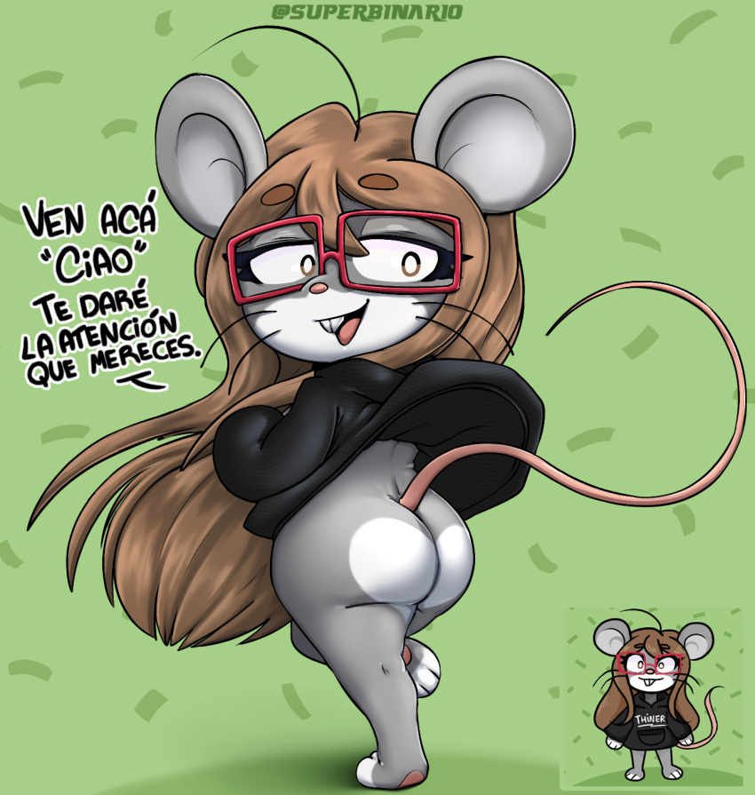 anthro brown_hair butt clothing cukizilla dialogue digital_media_(artwork) eyewear female fur glasses grey_body hair hi_res looking_at_viewer mammal murid murine nude rat red_eyewear red_glasses rodent simple_background smile smiling_at_viewer solo spanish_text superbinario text topwear translation_check translation_request youtuber