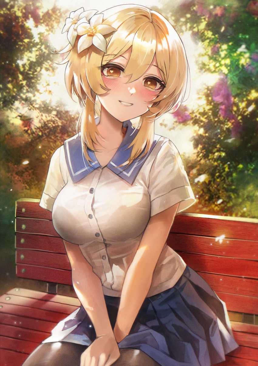 1girl absurdres alternate_costume bench black_pantyhose blonde_hair blue_skirt blush brown_eyes buttons contemporary day flower genshin_impact gradient_eyes grin hair_flower hair_ornament hand_on_own_thigh heart heart-shaped_pupils highres lily_(flower) looking_at_viewer lumine_(genshin_impact) multicolored_eyes on_bench outdoors pantyhose revision school_uniform shachiwhitebb shirt short_hair_with_long_locks short_sleeves sitting skirt smile solo symbol-shaped_pupils taut_clothes taut_shirt white_flower white_shirt wooden_bench yellow_eyes