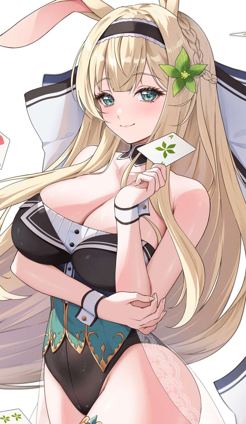 1girl animal_ears blonde_hair blue_eyes blush breasts bupleurum_(flower_knight_girl) cleavage commission crossed_arms flower flower_knight_girl hair_flower hair_ornament hairband highres iroha_(unyun) large_breasts long_hair looking_at_viewer nonstandard_playing_card playboy_bunny rabbit_ears simple_background skeb_commission smile solo upper_body white_background wrist_cuffs