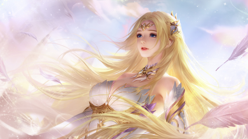 1girl absurdres backlighting bare_shoulders blonde_hair blue_eyes blue_sky cloud detached_collar detached_sleeves donggua_pipi douluo_dalu dress dutch_angle falling_feathers hair_ornament highres light_rays long_hair medium_hair parted_lips qian_renxue_(douluo_dalu) second-party_source shiny shiny_hair sky solo sparkle teeth upper_body white_dress