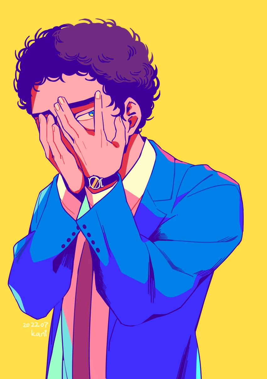 1boy absurdres artist_name black_hair blue_eyes blue_suit dated formal hands_up highres kani6850 long_sleeves male_focus nanba_mutta necktie peeking_through_fingers red_necktie short_hair simple_background solo standing suit uchuu_kyoudai upper_body watch wristwatch yellow_background