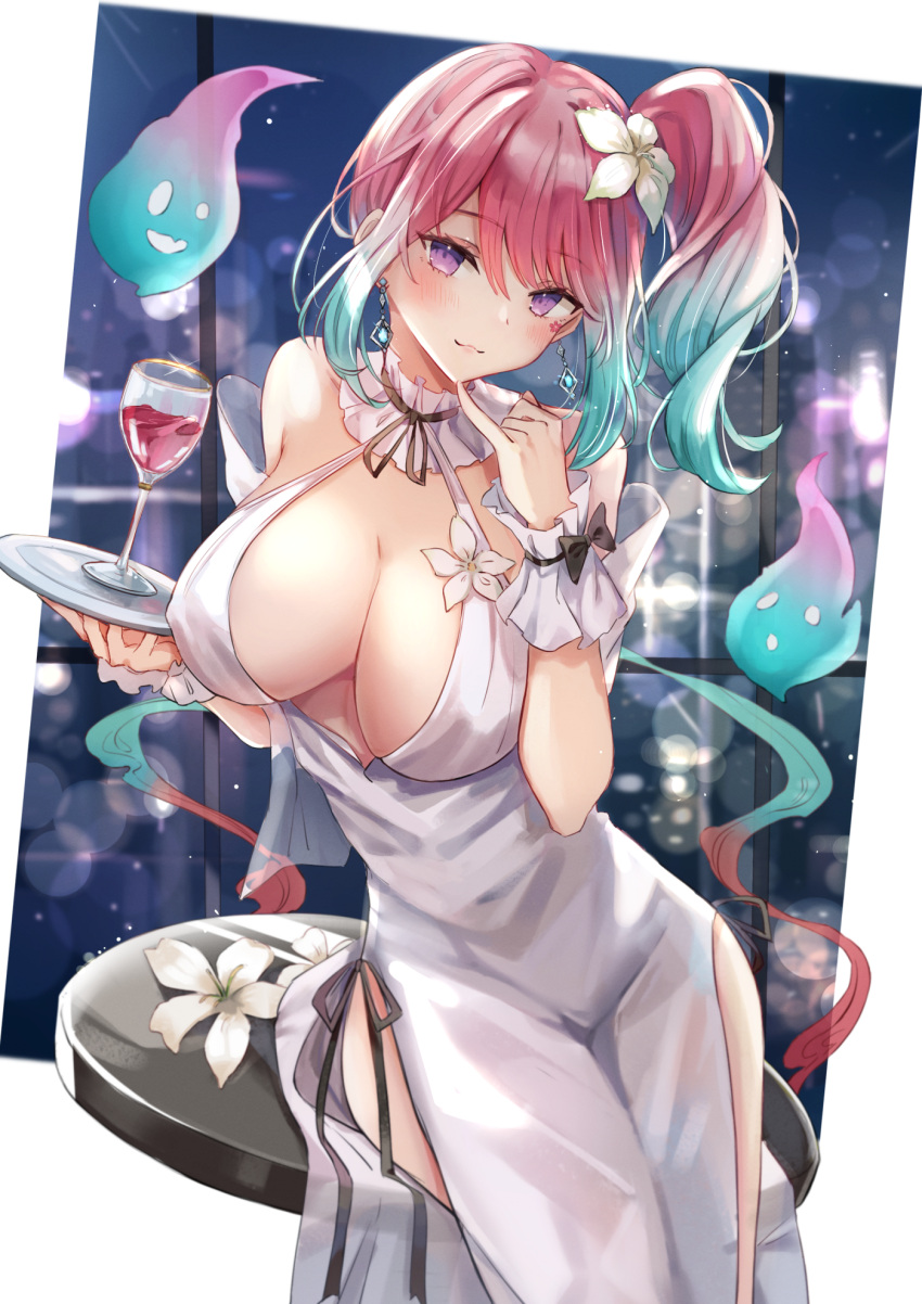 1girl alcohol aqua_hair bangs bare_shoulders breasts cleavage commission covered_nipples cowboy_shot cup dress drinking_glass flower ghost gradient_hair halter_dress halterneck highres holding holding_tray large_breasts leaning_on_table looking_at_viewer lumilive miakiuehashi multicolored_hair no_bra orange_hair pink_hair pixiv_commission plunging_neckline purple_eyes reiyu_guigui side_ponytail side_slit smile swept_bangs tray virtual_youtuber wine wine_glass