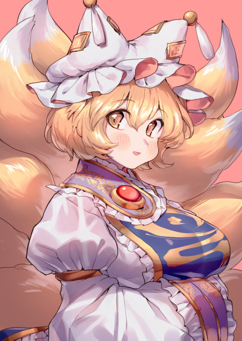 1girl 2023 :d animal_ears arms_under_breasts blonde_hair breasts dress fox_ears frills gold_trim hands_in_opposite_sleeves hat highres large_breasts long_sleeves looking_at_viewer masanaga_(tsukasa) pillow_hat short_hair smile solo tabard touhou upper_body white_dress white_headwear yakumo_ran