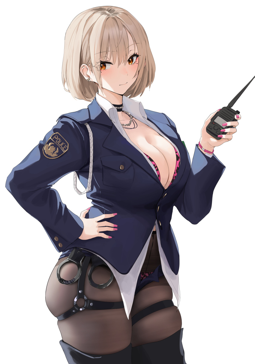 1girl bangs black_choker black_pantyhose black_thighhighs blue_jacket blue_shorts blush bra bracelet breast_pocket breasts chela77 choker cleavage closed_mouth collared_shirt commentary_request cuffs hand_on_hip handcuffs highres holding_walkie-talkie jacket jewelry large_breasts light_brown_hair long_sleeves looking_at_viewer micro_shorts mole mole_under_eye nail_polish necklace orange_eyes original panties pantyhose pink_bra pink_nails pink_panties pocket police police_uniform policewoman shirt short_hair shorts simple_background skindentation thighhighs thighs underwear uniform white_background white_shirt