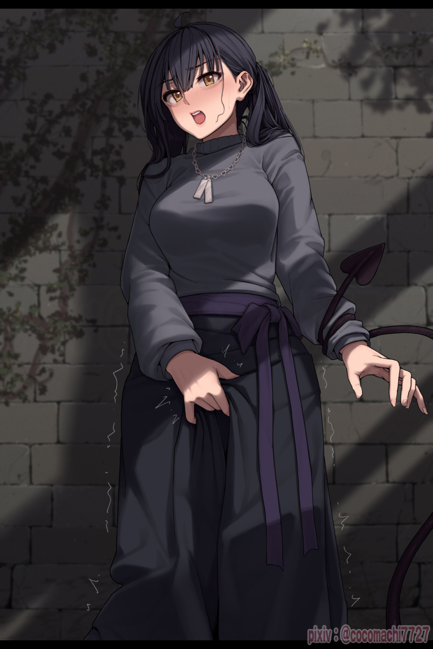1girl arm_at_side artist_name bangs between_legs black_hair black_skirt blush breasts brick_wall commentary_request dappled_sunlight day demon_tail dog_tags embarrassed grey_sweater hand_between_legs have_to_pee heart highres ivy jewelry kokomachi letterboxed long_hair long_skirt long_sleeves looking_at_viewer medium_breasts nail_polish necklace nose_blush open_mouth original outdoors pink_nails pixiv_username pov purple_ribbon restrained ribbon sash shirt_tucked_in skirt solo_focus sunlight sweat sweater tail teeth trembling twintails watermark yellow_eyes