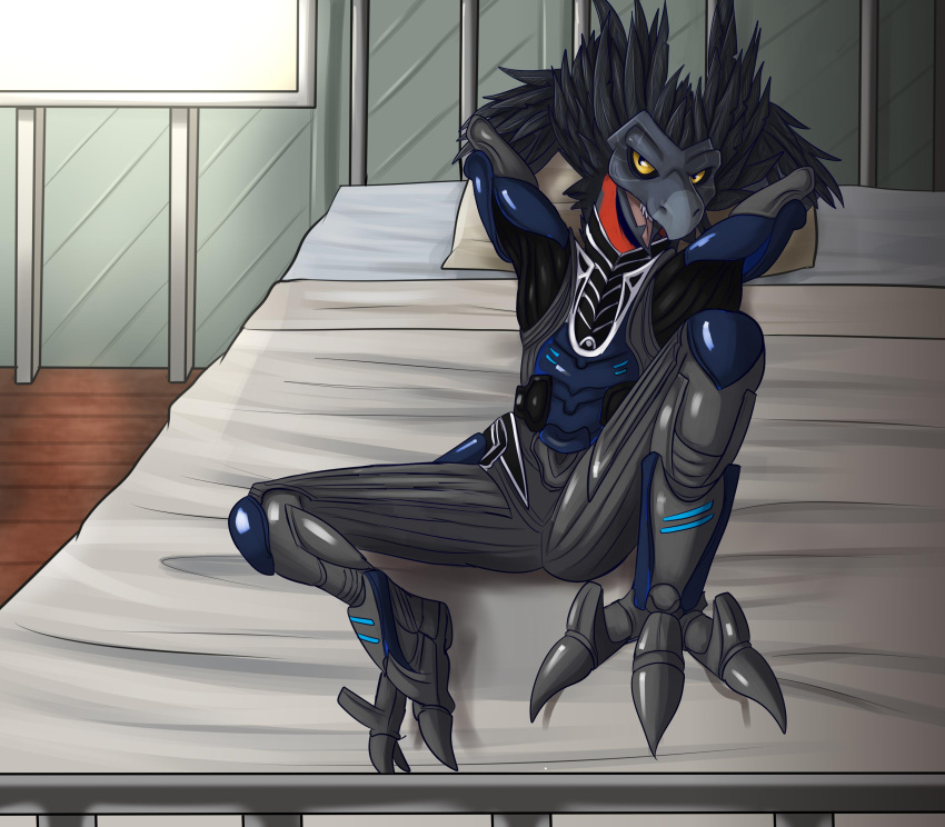 3_toes 7:8 absurd_res alien alien_humanoid arm_tuft armor avian bed black_body black_feathers clothed clothing colored digitigrade fangs feather_hair feathered_crest feathers feet fully_clothed furniture halo_(series) hands_behind_head head_crest hi_res humanoid inside kig-yar looking_at_viewer lying male microsoft on_back on_bed open_mouth pseudo_hair pupils reclining reddragon scalie seductive shaded slit_pupils solo spread_legs spreading t'vaoan teeth toes tongue tuft xbox_game_studios yellow_eyes