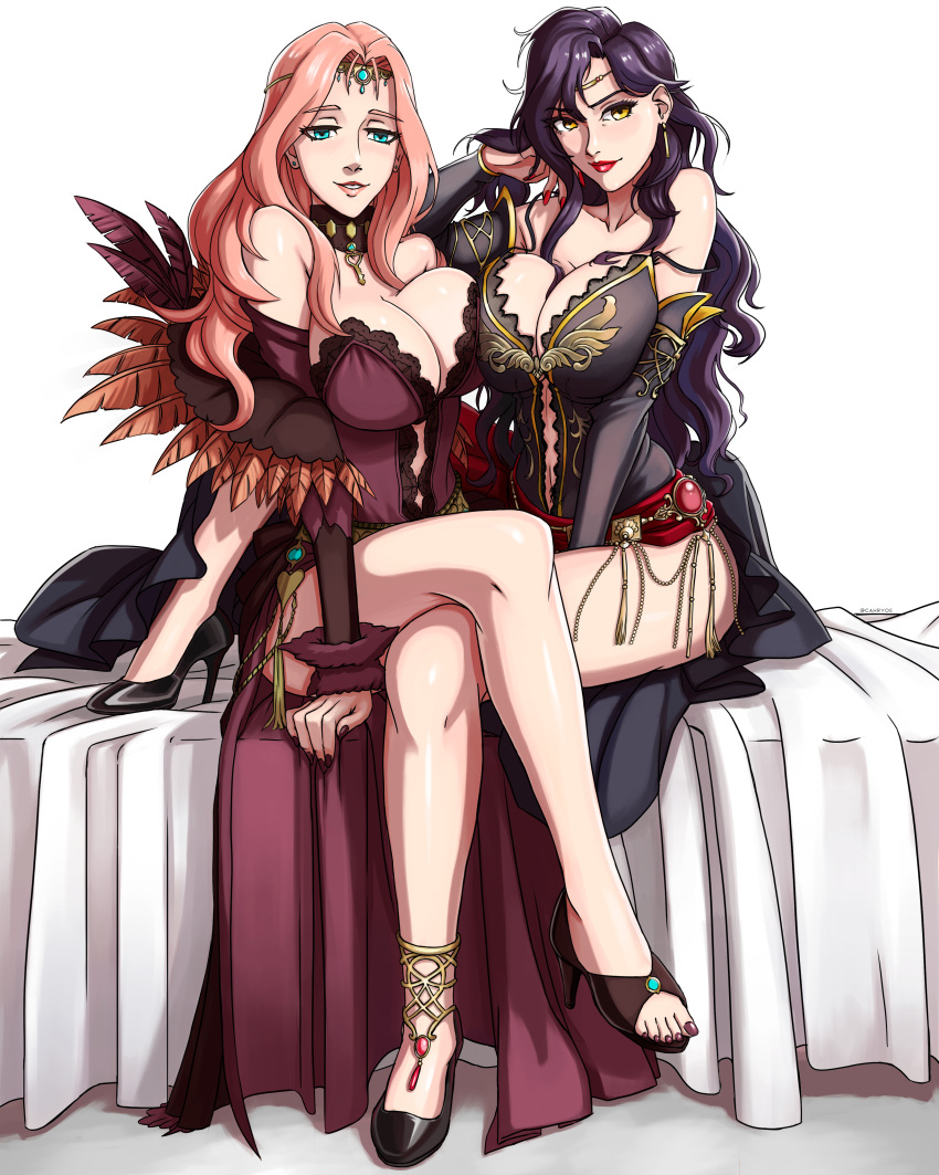 2girls absurdres arm_up bangs bare_shoulders bed_sheet belt between_legs black_dress black_hair blue_eyes blue_gemstone blush breast_press breasts cahryos circlet cleavage collarbone commission commissioner_upload cornelia_arnim detached_sleeves dress earrings elbow_gloves feather_trim feathers fire_emblem fire_emblem:_the_blazing_blade fire_emblem:_three_houses forehead_jewel fur_cuffs gem gloves gold_earrings gorget hair_lift high_heels highres huge_breasts jewelry key_necklace large_breasts legs_on_another's_lap lipstick long_hair looking_at_viewer makeup mature_female multiple_girls navel necklace non-web_source pink_hair plunging_neckline red_dress red_gemstone red_nails red_sash sash side_slit sitting smile sonia_(fire_emblem) tassel thighs white_background yellow_eyes