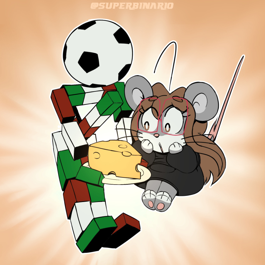 anthro ball cheese ciao clothing cukizilla dairy_products duo eyewear female fifa fifa_soccer food football_(ball) fur glasses grey_body hair hi_res humanoid male mammal murid murine open_mouth rat rodent simple_background soccer_ball superbinario topwear youtuber