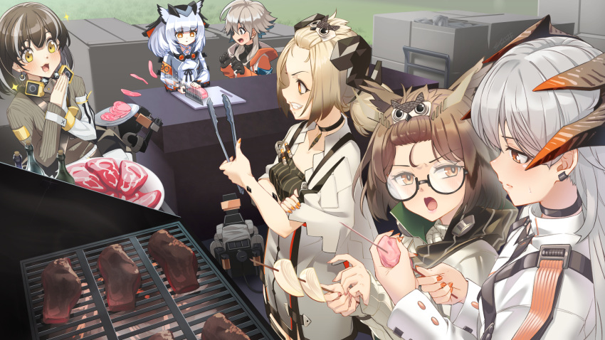 6+girls :d arknights bangs barbecue black-framed_eyewear black_choker black_gloves black_hair breasts brown_eyes brown_hair brown_sweater choker chopping closed_mouth collarbone commentary_request cutting_board ear_piercing food forehead glasses gloves grey_hair grill grilling grin highres holding holding_food holding_knife hood hood_down hooded_jacket horns ifrit_(arknights) jacket knife long_hair long_sleeves magallan_(arknights) mayer_(arknights) meat multicolored_hair multiple_girls nail_polish necktie orange_jacket orange_necktie palms_together piercing pointing ptilopsis_(arknights) puffy_long_sleeves puffy_sleeves ribbed_sweater robot saria_(arknights) semi-rimless_eyewear seto_tinami shirt silence_(arknights) sleeves_past_wrists small_breasts smile sparkle steak streaked_hair sweater tongs under-rim_eyewear white_hair white_shirt