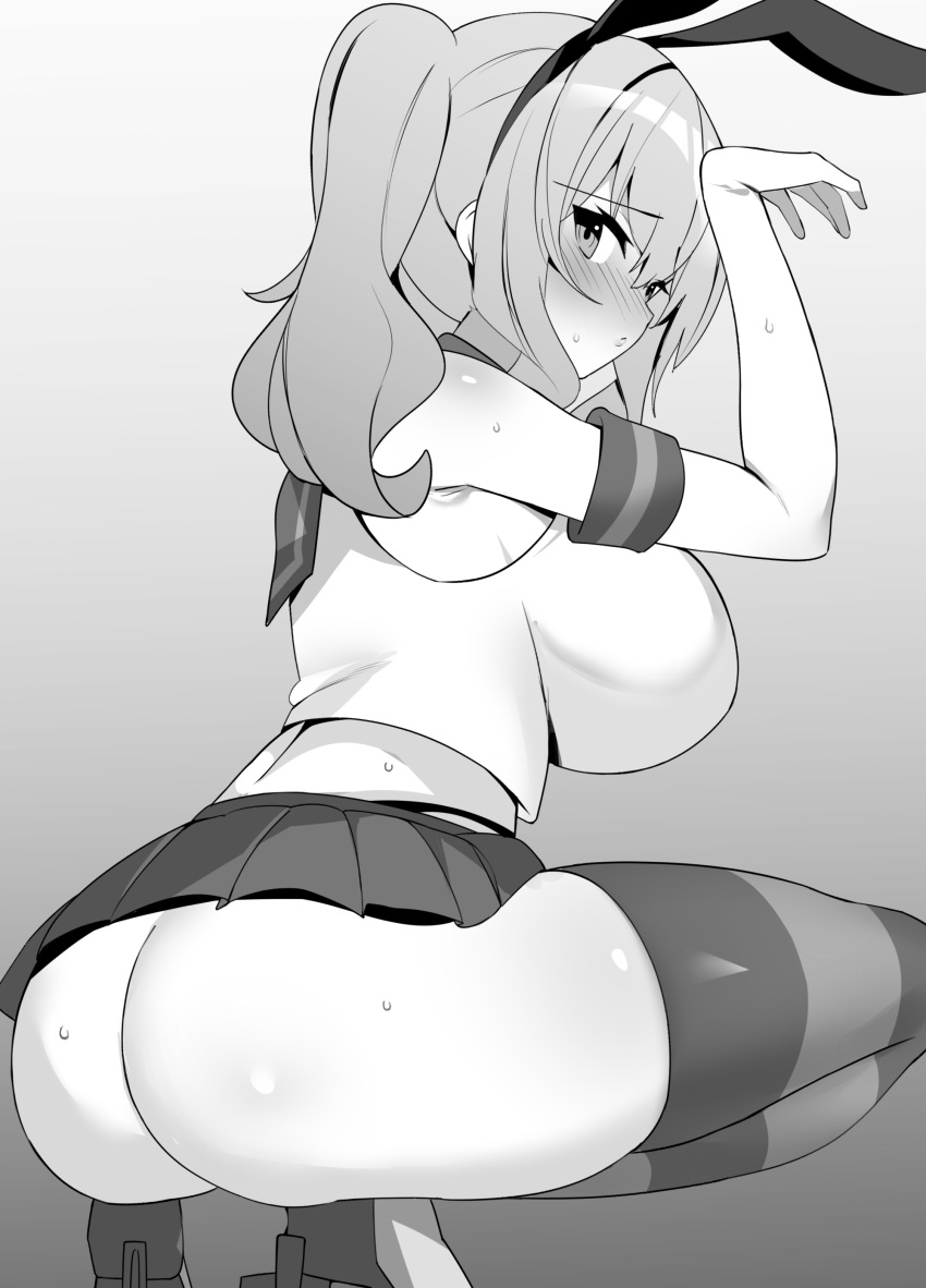 1girl absurdres ass bangs blush breasts closed_mouth cosplay crop_top elbow_gloves enishi96 gloves greyscale hair_between_eyes hairband highres huge_breasts kantai_collection kashima_(kancolle) long_hair looking_at_viewer miniskirt monochrome nose_blush pleated_skirt rudder_footwear sailor_collar shimakaze_(kancolle) shimakaze_(kancolle)_(cosplay) simple_background skirt solo squatting striped striped_thighhighs sweat thighhighs twintails wavy_hair