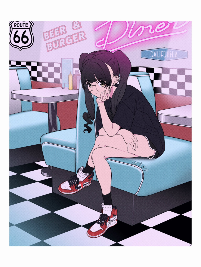 1girl acubi_tomaranai air_jordan air_jordan_1 bangs black_hair black_shirt black_shorts black_socks booth_seating checkered_floor closed_mouth commission crossed_legs diner dolphin_shorts ear_piercing head_rest high_tops highres indoors long_hair looking_at_viewer nike off-white_(brand) original piercing route_66 shirt shoes short_shorts shorts sitting skeb_commission smile sneakers socks solo table twintails yellow_eyes