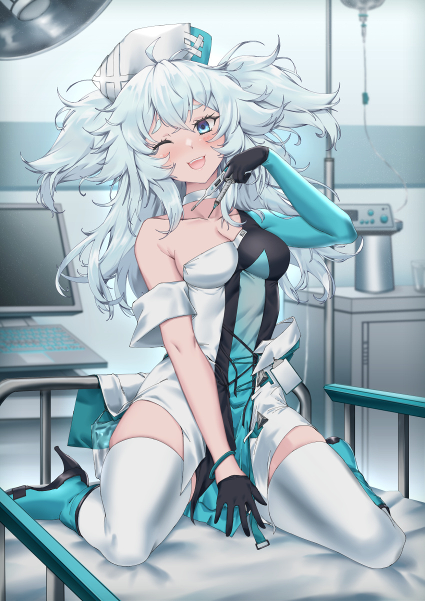 1girl asymmetrical_clothes black_gloves blue_eyes blue_hair breasts choker florence_(girls'_frontline_nc) girls'_frontline girls'_frontline_neural_cloud gloves hat highres holding holding_syringe holding_thermometer indoors light_blue_hair long_hair nurse nurse_cap one_eye_closed pa-15_(girls'_frontline) persocon93 small_breasts solo syringe thermometer thighhighs two_side_up white_choker white_thighhighs