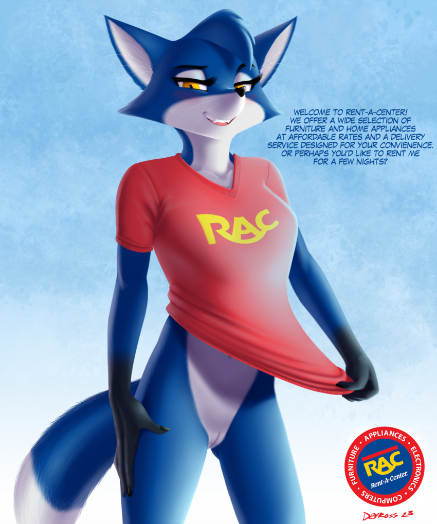 anthro blue_body blue_fur bottomless canid canine cheek_tuft clothed clothing devo87 dialogue dipstick_tail eyelashes facial_tuft female fox fur hi_res looking_at_viewer mammal markings mascot partially_clothed seductive shirt smile solo speech_bubble standing t-shirt tail tail_markings topwear tuft white_body white_fur yellow_eyes