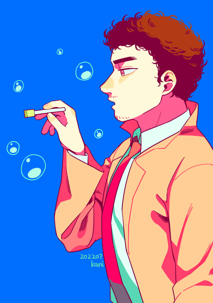 1boy absurdres afro blue_background brown_eyes brown_hair brown_jacket bubble_blowing dated facial_hair highres jacket kani6850 male_focus nanba_mutta necktie profile red_necktie shirt short_hair simple_background solo stubble uchuu_kyoudai upper_body white_shirt