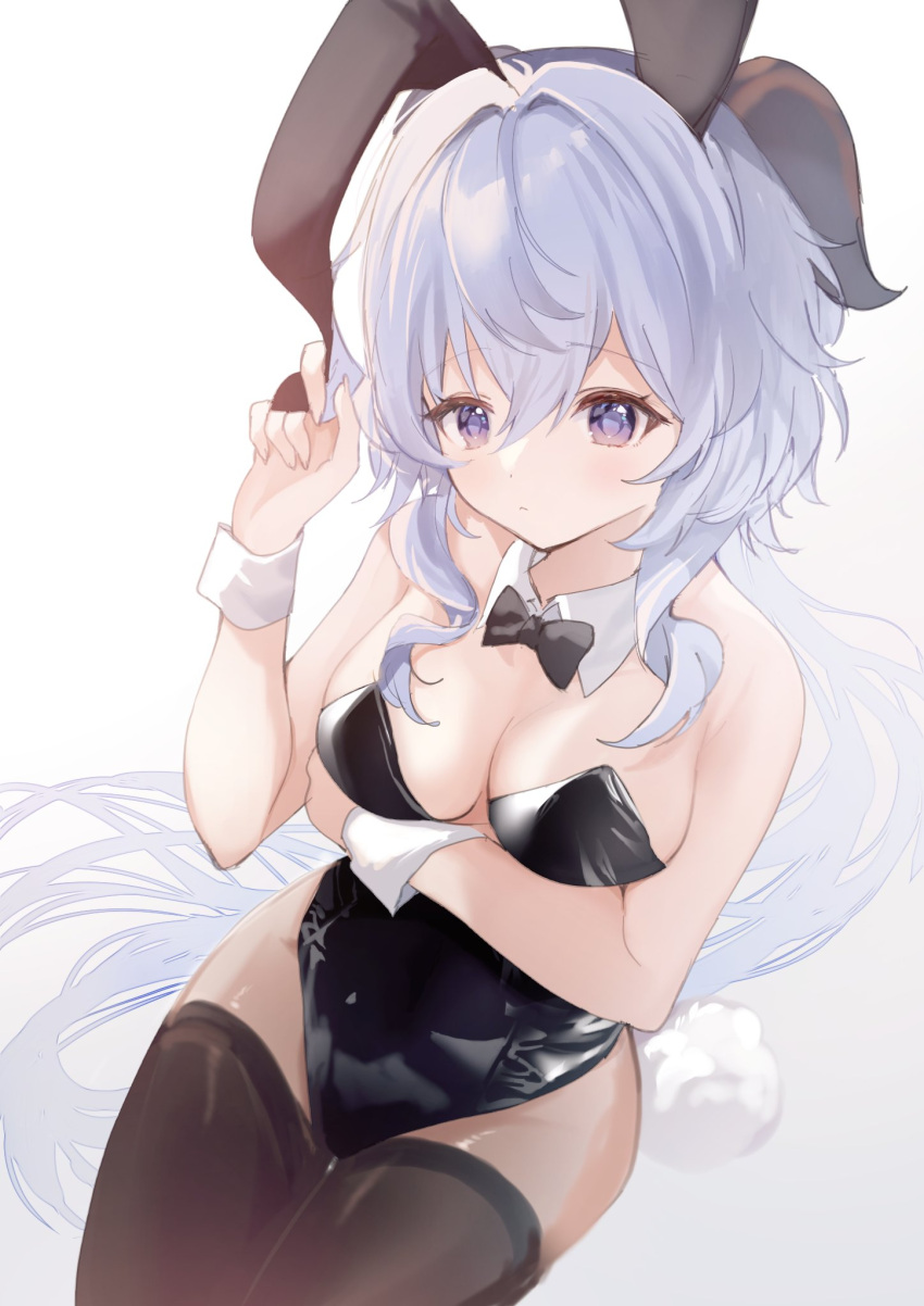 1girl alternate_costume animal_ears arm_under_breasts bangs bare_arms bare_shoulders black_bow black_bowtie black_leotard black_thighhighs blue_hair bow bowtie breast_hold breasts cleavage closed_mouth detached_collar fake_animal_ears fake_tail floating_hair frown ganyu_(genshin_impact) genshin_impact goat_horns hair_between_eyes hair_intakes highleg highleg_leotard highres holding_ear horns invisible_chair leotard long_hair looking_at_viewer medium_breasts playboy_bunny ponytail purple_eyes rabbit_ears rabbit_tail sidelocks simple_background sitting solo strapless strapless_leotard tail thighhighs thighs ume_(plumblossom) very_long_hair white_background white_wrist_cuffs wrist_cuffs