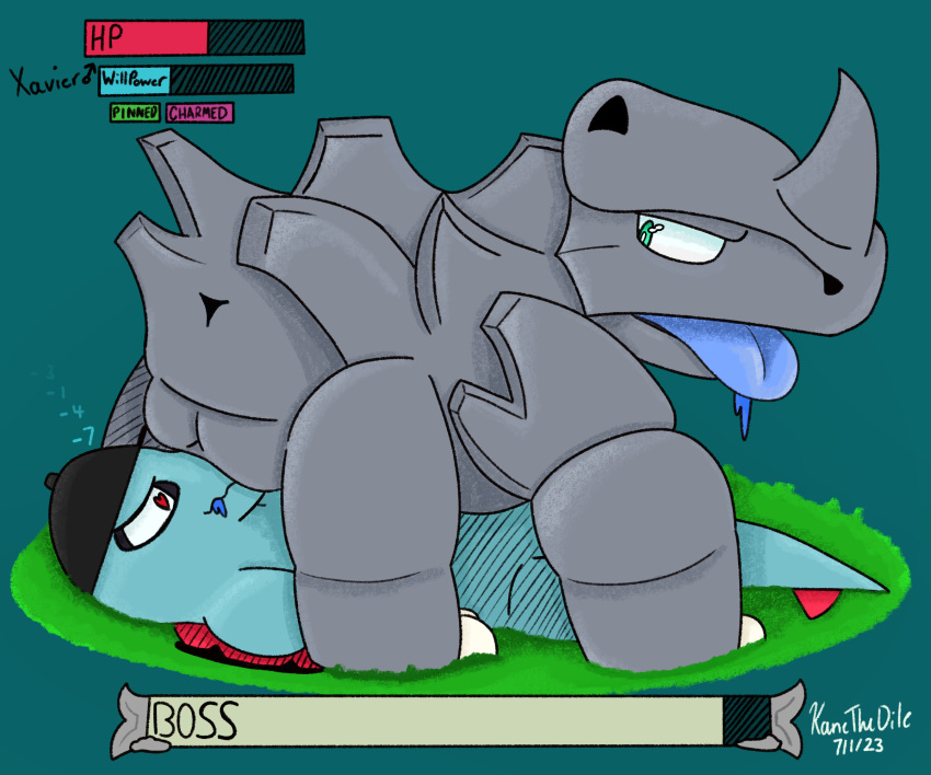 ball_sniffing boss charmed duo feral gameplay_mechanics generation_1_pokemon generation_2_pokemon gyro_(outbackdile) hi_res kanethedile male male/male nintendo outbackdile pokemon pokemon_(species) rhyhorn sniffing totodile