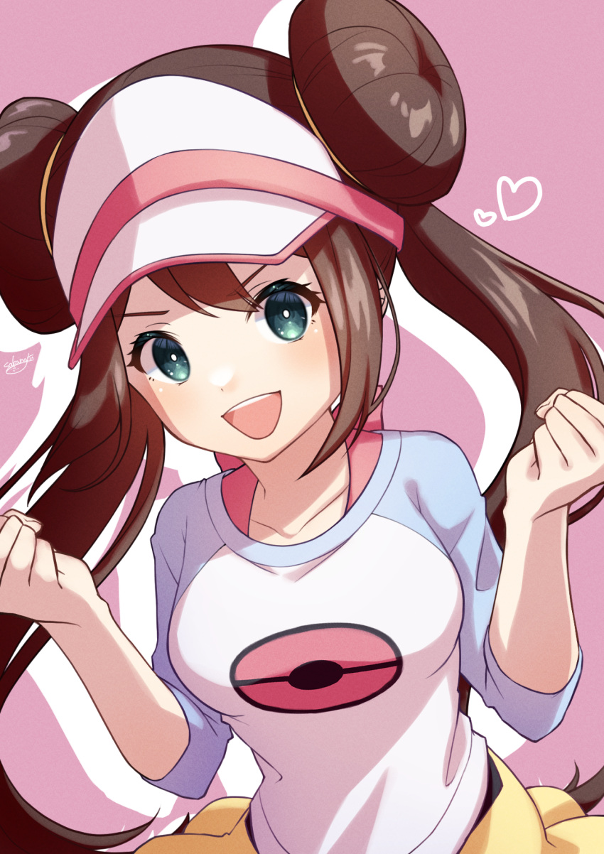 1girl bangs brown_hair clenched_hands double_bun green_eyes hair_bun heart highres long_hair looking_at_viewer open_mouth pink_background pokemon pokemon_(game) pokemon_bw2 rosa_(pokemon) shirt teeth twintails upper_body upper_teeth_only visor_cap w_arms wakame1441