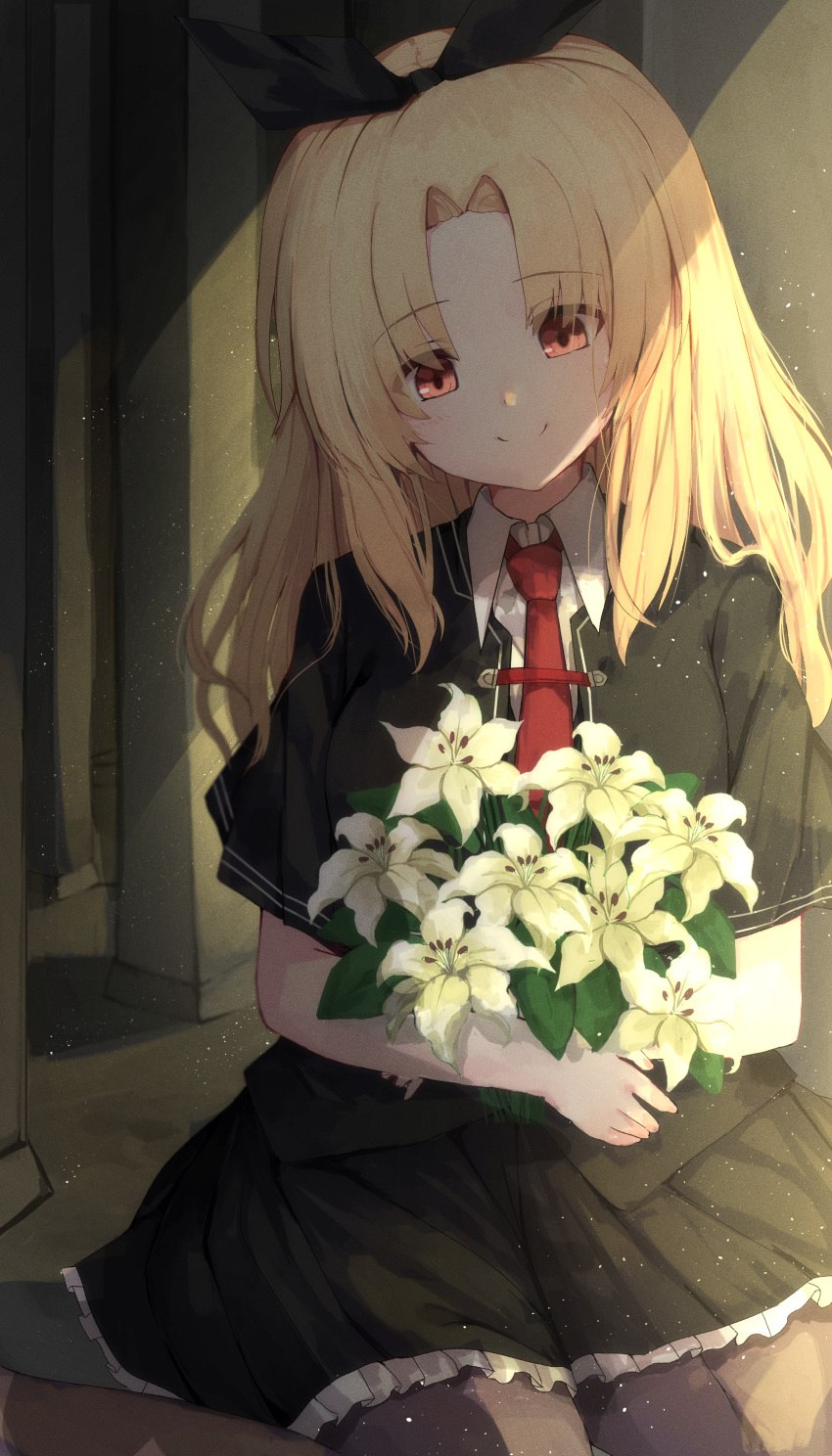 1girl absurdres bangs black_bow black_skirt blonde_hair bouquet bow capelet flower hair_bow highres holding holding_flower lily_(flower) medium_hair necktie nodoameyatou parted_bangs pleated_skirt school_uniform skirt smile solo tsui_no_sora white_flower yokoyama_yasuko