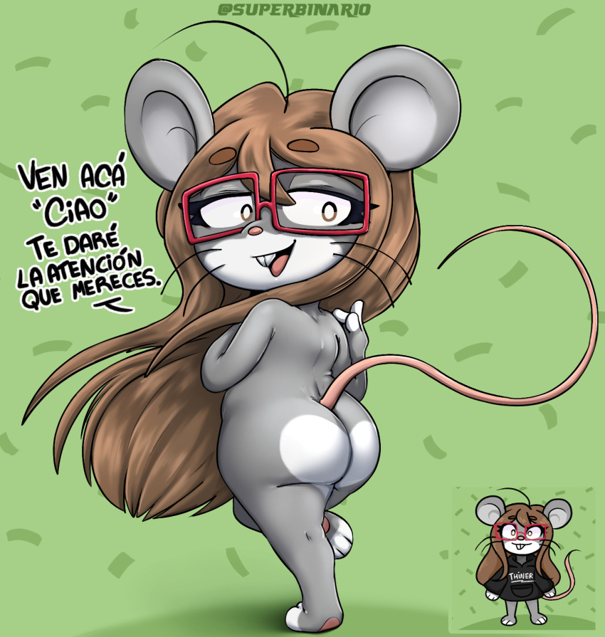 anthro brown_hair butt cukizilla dialogue digital_media_(artwork) eyewear female fur glasses grey_body hair hi_res looking_at_viewer mammal murid murine nude rat red_eyewear red_glasses rodent simple_background smile smiling_at_viewer solo spanish_text superbinario text translation_check translation_request youtuber