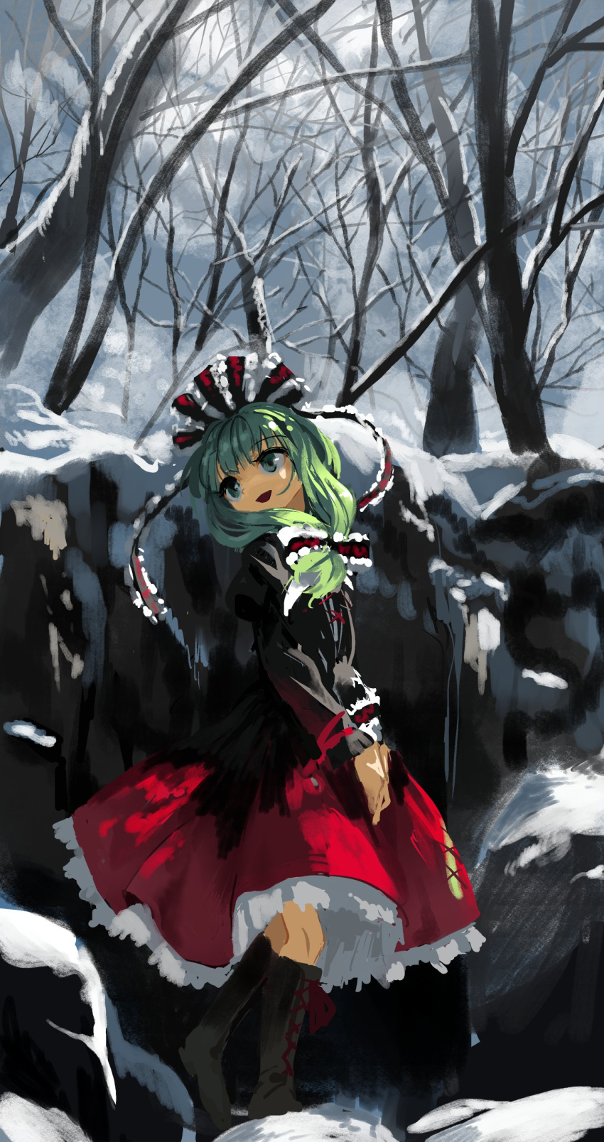 1girl :d absurdres bare_tree black_dress black_footwear boots cloud cloudy_sky commentary_request cross-laced_footwear day dress forest front_ponytail full_body green_eyes green_hair hair_ribbon highres kagiyama_hina knee_boots long_hair looking_back nature open_mouth red_dress red_ribbon ribbon sky smile snow solo suna_(s73d) touhou tree two-tone_dress