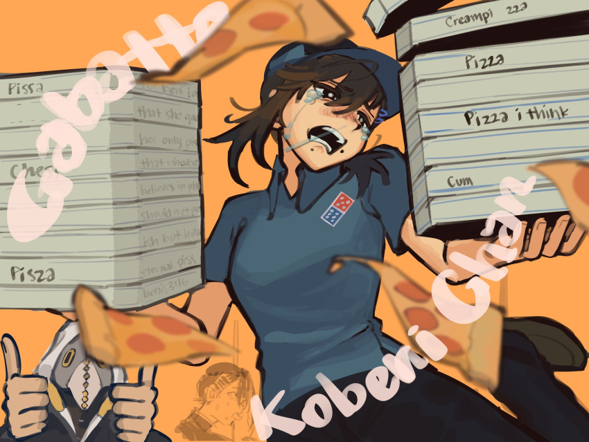 1girl 2boys bangs blue_headwear blue_shirt brown_hair chainsaw_man character_name collared_shirt crying crying_with_eyes_open double_thumbs_up employee_uniform facing_viewer fast_food_uniform food higashiyama_kobeni highres holding holding_food holding_pizza kobeni_otouto licking_window liowig looking_at_viewer looking_back looking_to_the_side medium_hair mole mole_under_mouth multiple_boys open_mouth pizza plague_doctor_mask shirt short_ponytail simple_background single_sidelock snot swept_bangs tears thumbs_up uniform violence_devil_(chainsaw_man) yellow_background