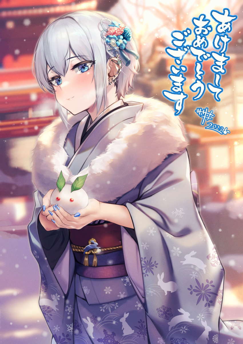 1girl absurdres animal_print blue_eyes blurry blush bunny_print chinese_zodiac commentary_request depth_of_field ear_piercing earrings fur-trimmed_kimono fur_trim grey_hair hair_ornament happy_new_year highres holding japanese_clothes jewelry kimono looking_at_viewer multiple_piercings new_year obi original otomore_(shashaki) outdoors piercing print_kimono sash shashaki short_hair smile snow snow_bunny snow_print solo translation_request wide_sleeves year_of_the_rabbit