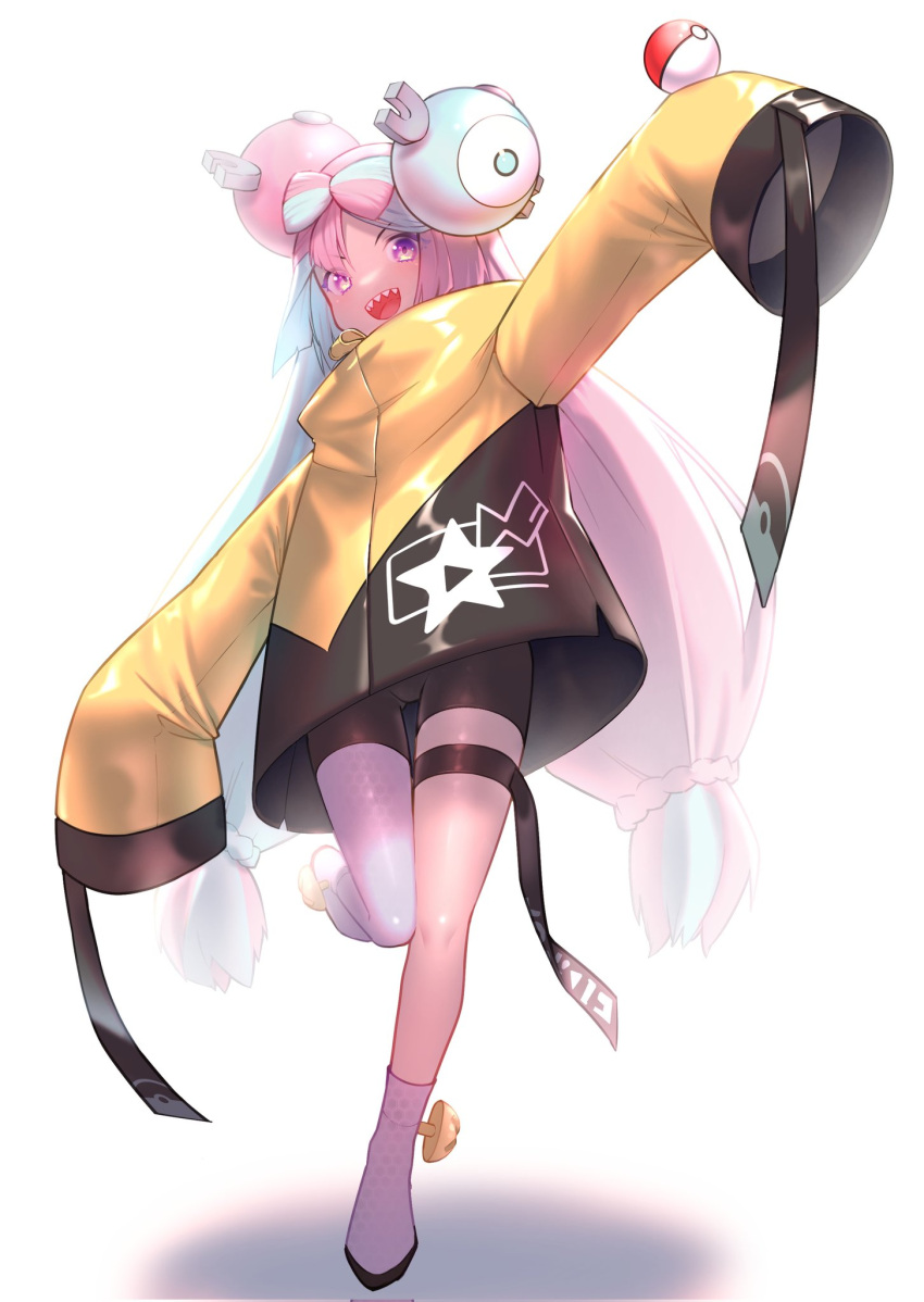 1girl :d akuma_(st.takuma) bike_shorts bow-shaped_hair commentary full_body highres iono_(pokemon) jacket light_brown_hair long_hair looking_at_viewer low-tied_long_hair multicolored_hair open_mouth oversized_clothes pink_hair poke_ball pokemon pokemon_(game) pokemon_sv purple_eyes sharp_teeth simple_background single_leg_pantyhose sleeves_past_fingers sleeves_past_wrists smile solo split-color_hair standing standing_on_one_leg teeth thigh_gap thigh_strap two-tone_hair very_long_hair very_long_sleeves white_background wide_sleeves yellow_jacket