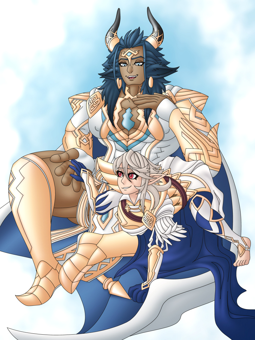 absurd_res ahegarou animal_humanoid armor askr_(fire_emblem) blue_eyes blue_hair bottomwear bovid bovid_humanoid bovine bovine_humanoid cape clothing corrin_(fire_emblem) corrin_(fire_emblem)_(male) duo ear_piercing ear_ring fire_emblem fire_emblem_heroes fluffy_ears girly hair hi_res horn human humanoid large_pecs larger_male loincloth male male/male mammal mammal_humanoid muscular muscular_male nintendo pecs piercing ring_piercing size_difference smaller_male tail