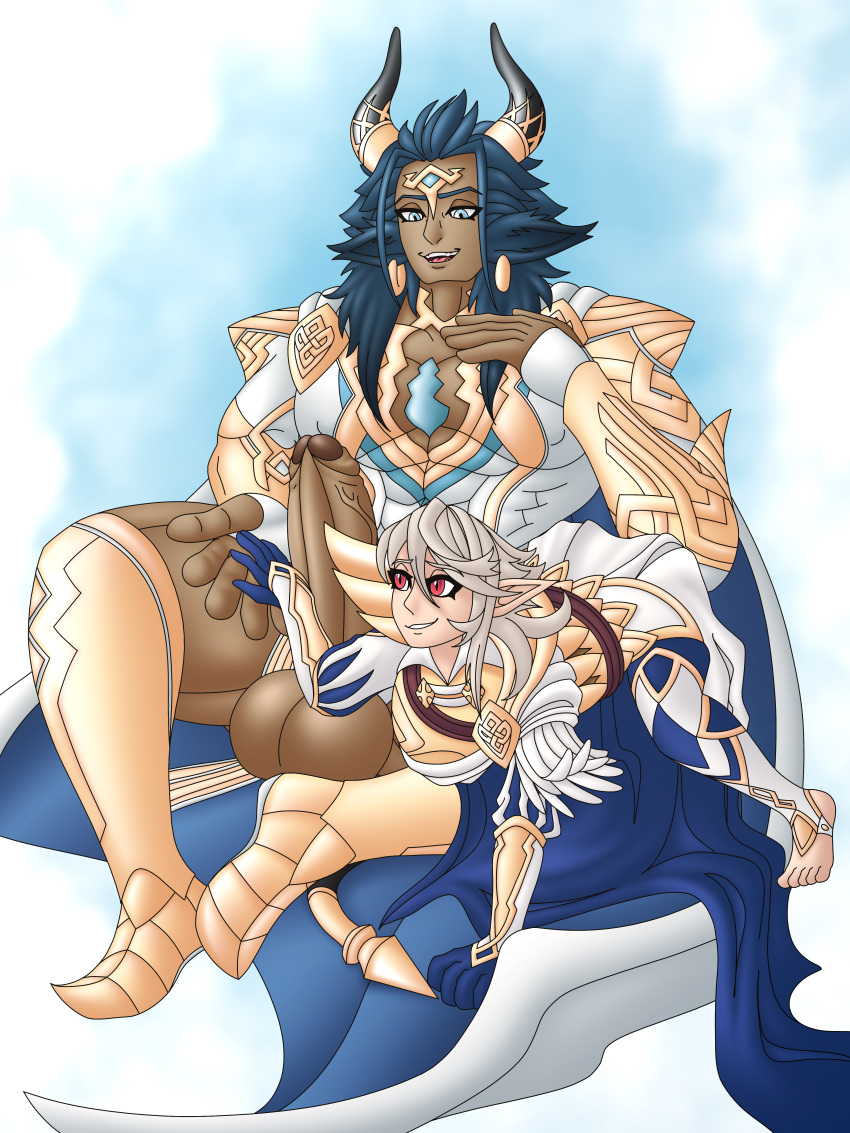 absurd_res ahegarou animal_humanoid armor askr_(fire_emblem) balls big_balls big_dom_small_sub big_penis blue_eyes blue_hair bottomwear bovid bovid_humanoid bovine bovine_humanoid cape clothing corrin_(fire_emblem) corrin_(fire_emblem)_(male) dominant duo ear_piercing ear_ring fire_emblem fire_emblem_heroes fluffy_ears foreskin genitals girly hair hi_res horn huge_balls humanoid hyper large_pecs larger_male loincloth male male/male mammal mammal_humanoid muscular muscular_male nintendo pecs penis piercing ring_piercing size_difference smaller_male tail